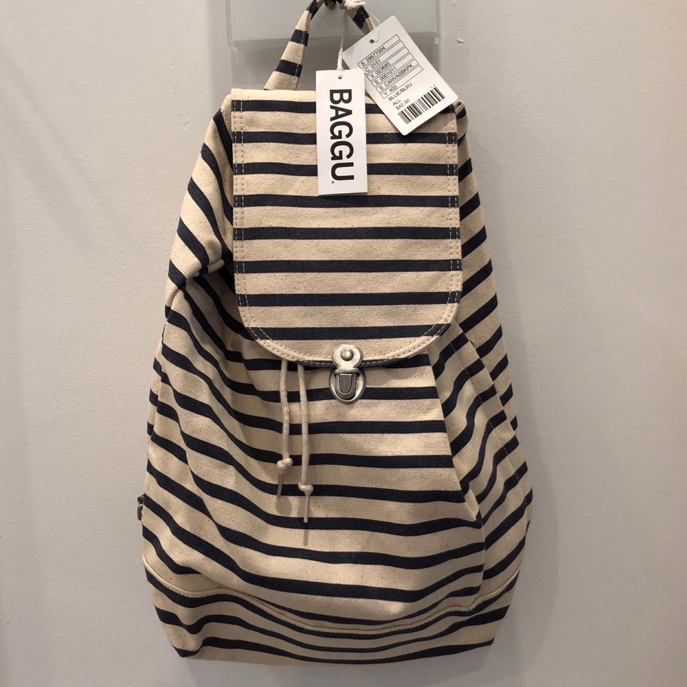 BAGGU Navy Striped Canvas Drawstring Backpack